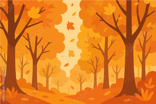 Autumn forest scene with falling leaves and trees