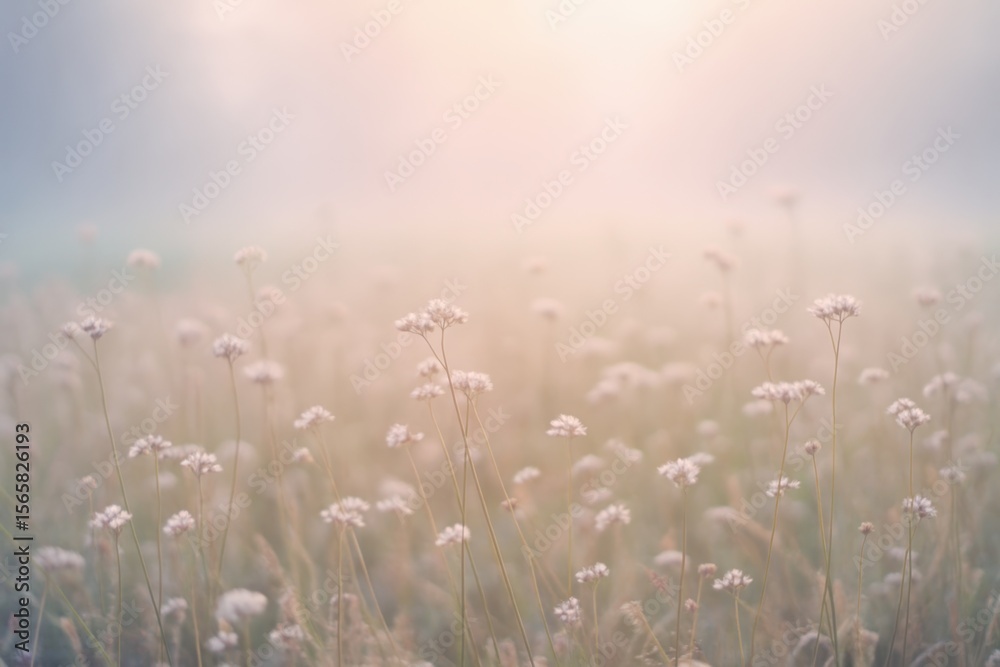 Fototapeta premium Serene Morning Meadow with Dancing Wildflowers in Soft Pastel Hues