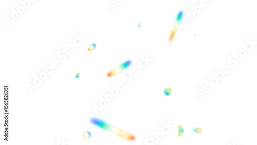 Scattered, colorful light specks and streaks with a soft, holographic iridescence, creating a playful bokeh effect on a transparent background for overlays.