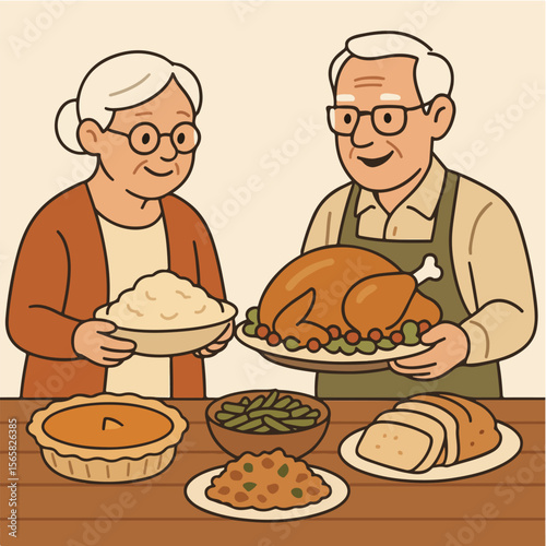 Elderly couple enjoying a traditional Thanksgiving dinner