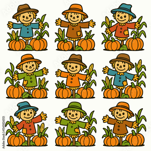 Fall scarecrows with pumpkins and corn harvest scene
