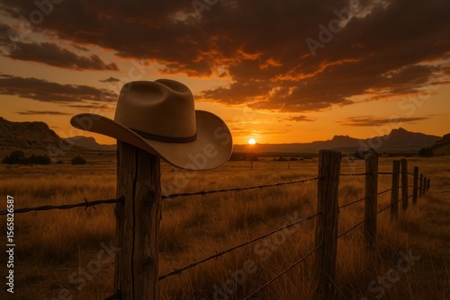Western ranch scene with leather cowboy hat resting on weathered wooden fence during golden sunset