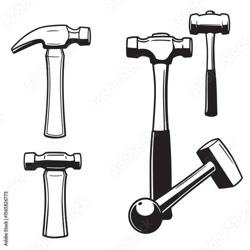 Diverse set of hammer illustrations in black and white with classic ornament