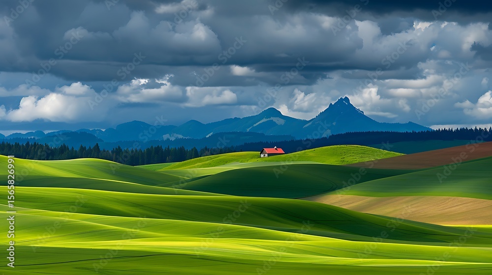 Obraz premium Lush green hills under dramatic sky evoking peace and expansive vistas rural charm