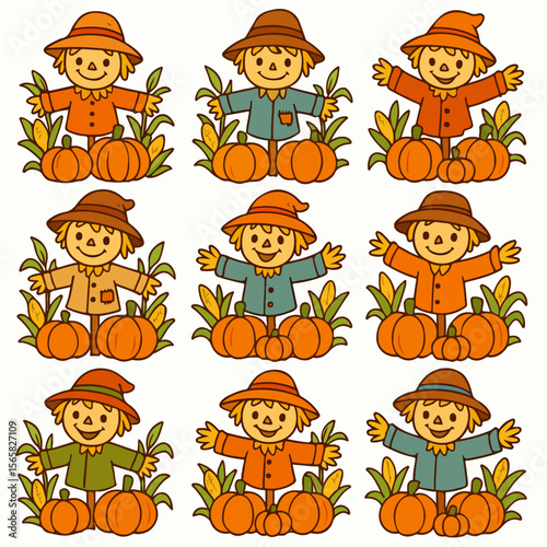 Harvest scarecrows with pumpkins and autumn leaves