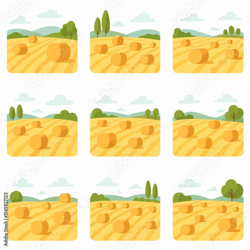 Hay bales in field landscape with sky and hills