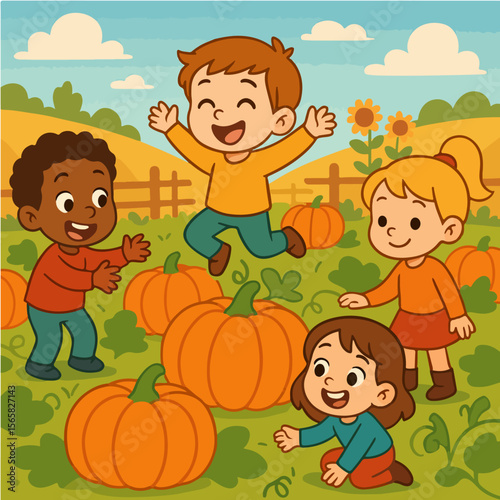 Kids playing among pumpkins in autumn field