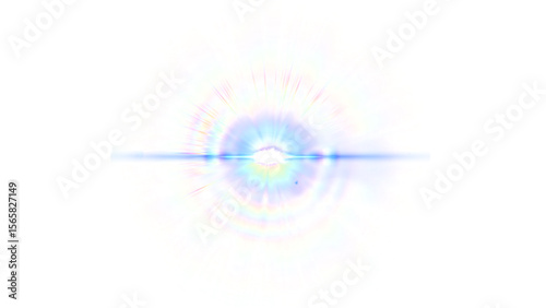 Bright horizontal lens flare with vibrant chromatic aberration and radial light rings. Ideal for optical and digital effects. Transparent Background.