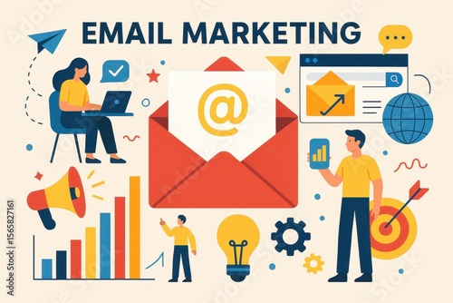 Email marketing campaign visualization with colorful graphics showcasing digital communication strategies