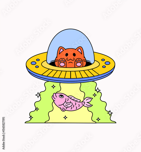 Cat piloting a yellow UFO beaming up a pink fish with a glowing green light cartoon illustration vector for quirky merchandise, pet-themed graphics