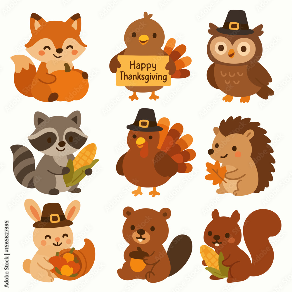 Obraz premium Thanksgiving animals autumn harvest celebration cartoon characters