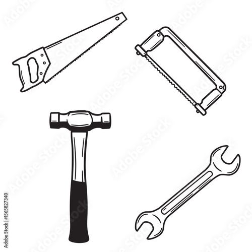 Hand drawn construction tools ornament set for carpentry and repair