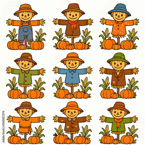 Scarecrows with pumpkins and corn autumn harvest collection