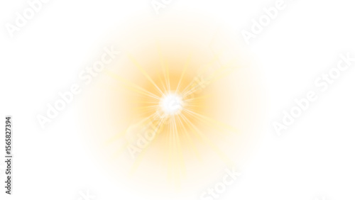 Bright yellow sunburst with radiating rays and glowing halo. Ideal for natural light effects or energy concepts. Transparent Background.