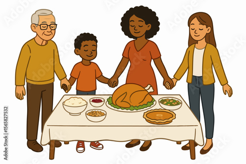 Thanksgiving family dinner blessing hands table food