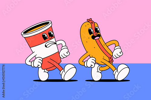 Cartoon character soda cup and hot dog walking with expressive faces and playful poses in hand drawn illustration for ood-related content, fast food branding