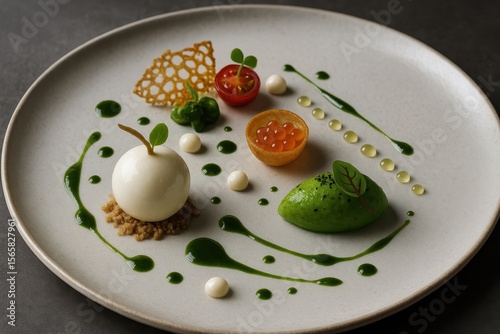 Fototapeta Naklejka Na Ścianę i Meble -  Fine dining appetizer course with molecular gastronomy techniques served at exclusive Michelin-starred restaurant with artistic plating