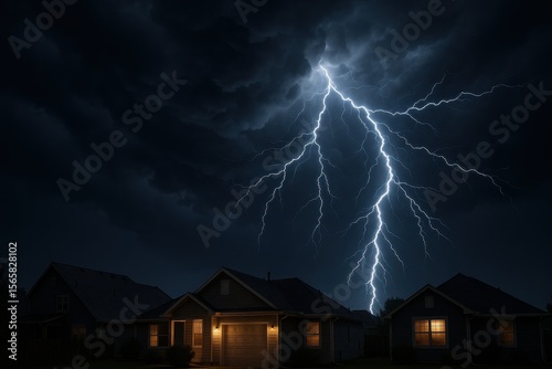 Dramatic lightning storm illuminating residential neighborhood during severe weather event