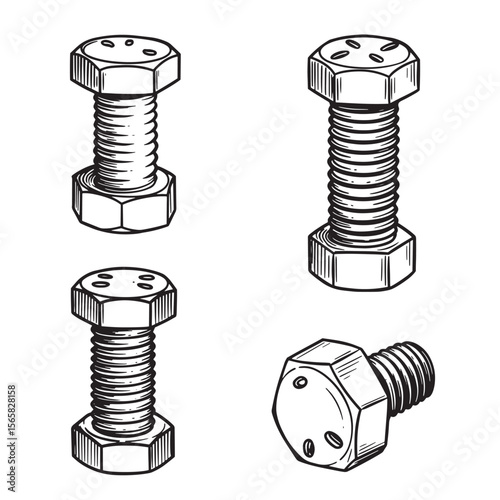 Illustrated black and white bolt ornament set for design and engineering projects
