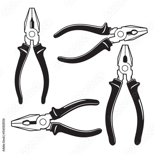 Set of black and white illustration of pliers tools ornament for various diy and repair projects