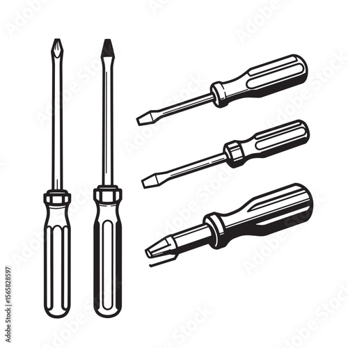 Set of black and white screwdriver illustrations with various head styles for tools ornament