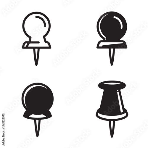 Set of four stylized black and white thumb tacks illustration perfect for office school stationery ornament