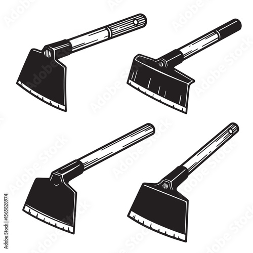 Set of four detailed hand drawn garden hoes for gardening or landscaping projects