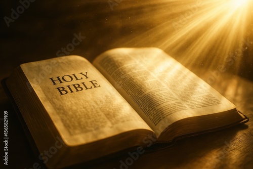 Illuminated Bible with divine sunlight creating spiritual reading atmosphere and religious inspiration