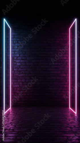 Abstract Background with Neon Lights Brick Wall Purple and Blue