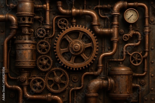 Industrial steampunk machinery texture with copper pipes gears and weathered metal surfaces for vintage sci-fi aesthetic