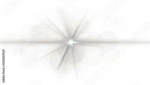 Horizontal lens flare with bright starburst, soft bokeh circles, and light beams. Ideal for cinematic or abstract designs. Transparent Background.