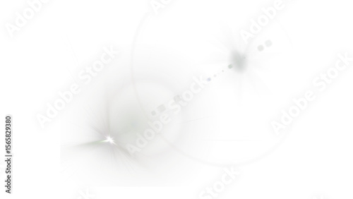 Abstract white optical lens flare effect with bright light, sun glare, and dust particles. Transparent Background for easy overlay on any design.