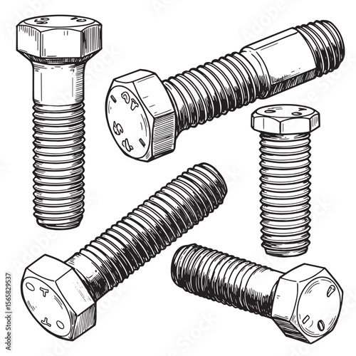 Vector illustration of an ornament set of steel bolts in various perspectives