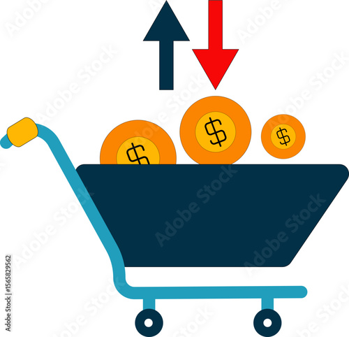Flat design vector of a shopping cart filled with gold coins and arrows showing price fluctuation. Concept for inflation, investment, economy, e-commerce, and financial market trends.