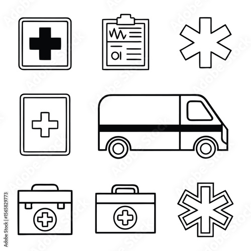 16 Medical Emergency Icons – Ambulance, ECG, First Aid – Thin Line Vector Set

