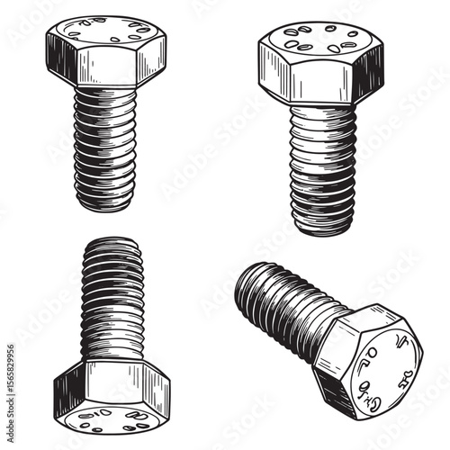 Vintage hand drawn bolt set illustration for construction and mechanical design ornament
