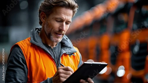 Worker in safety vest taking notes in a transport facility filled with trucks in the background during the day