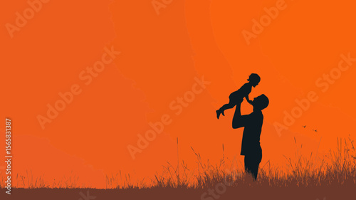 A heartwarming scene showcases a father playfully lifting his child against a vibrant sunset sky, ideal for family-themed designs.