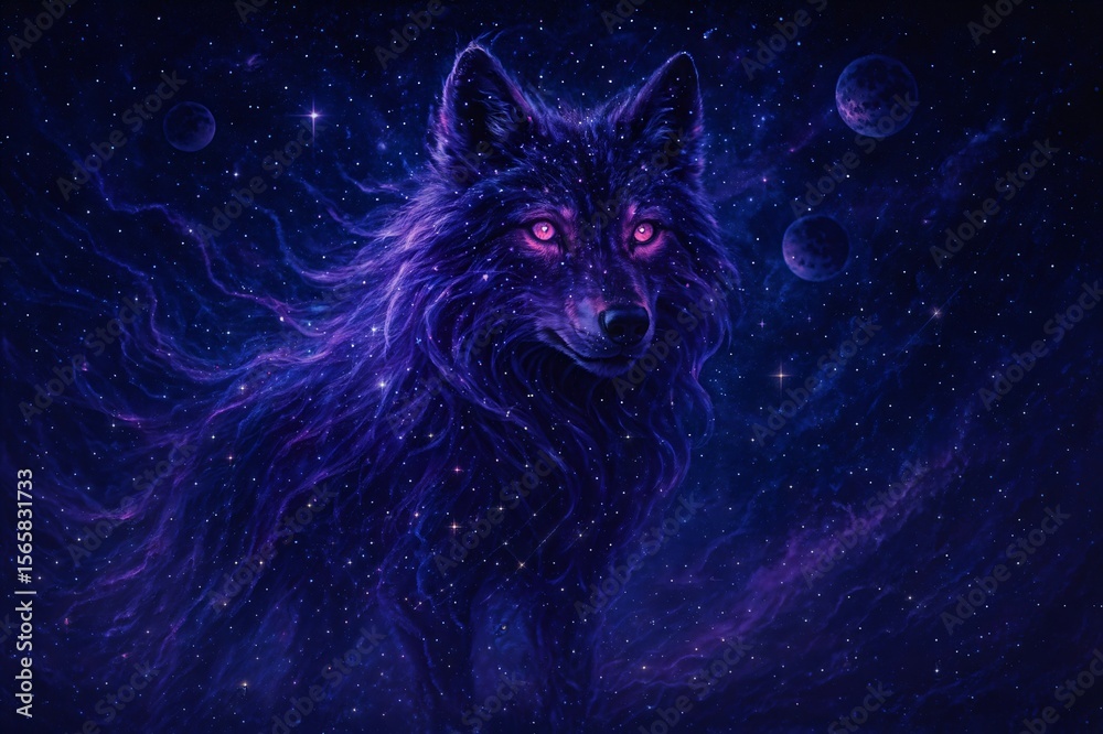 Fototapeta premium Cosmic Spirit Wolf in Deep Space Fantasy Scene