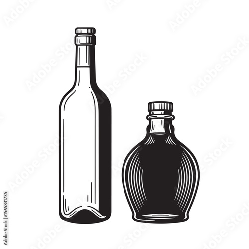 Black and white illustration of two bottle shapes for drinks and beverages
