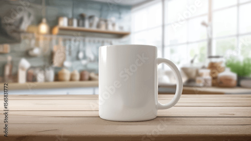 Realistic mug mockup template showcases design in kitchen environment for branding on a wooden table with a bright background.