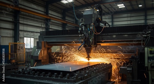 Automated Laser Cutting Machine Sparks in Industrial Factory Setting