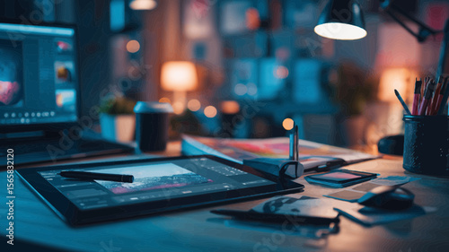 Creative workspace aesthetic showcasing a digital tablet and laptop for graphic design and multimedia projects with essential artistic tools.