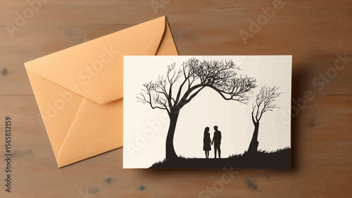 Romantic couple graphic with trees, ideal for greeting cards, showcasing love and relationships in a simple, elegant design.