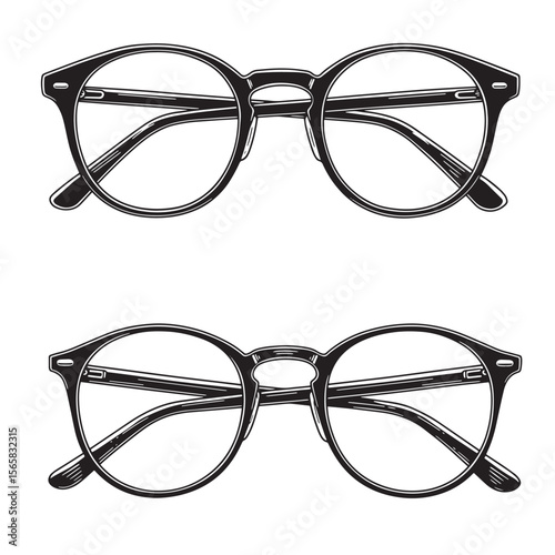 Classic round eyeglasses ornament set in black and white isolated on white background