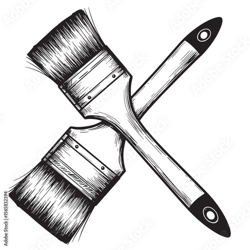 Cross of two detailed paint brushes monochrome artistic ornament set