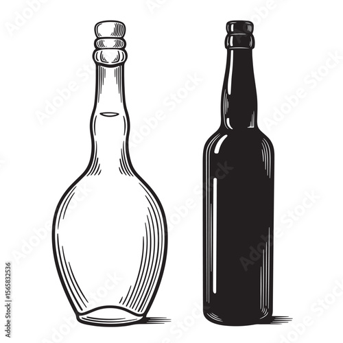 Decorative set of two detailed wine and beer bottles in elegant engraved vintage style