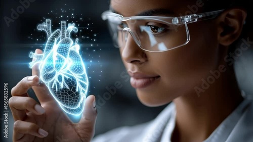 Medical professional examines holographic heart model in laboratory setting during evening hours to explore advancements in healthcare technology