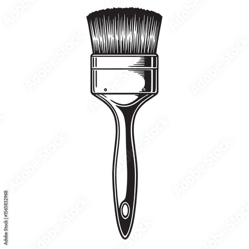 Detailed black and white ink drawing of a classic paintbrush ready for artistic projects and ornament set