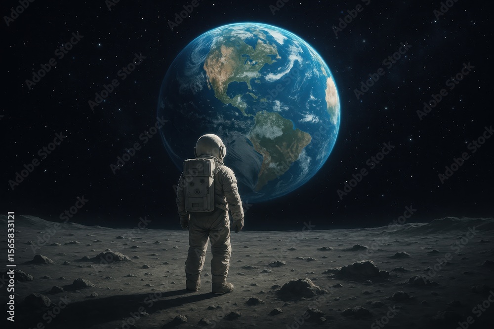 Fototapeta premium Astronaut on lunar surface gazing at Earth-like exoplanet representing space exploration and cosmic wonder